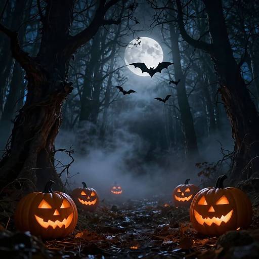 Spooky forest at night with full moon, three bats, glowing jack-o'-lanterns, and misty fog, illuminated by orange pumpkin lights