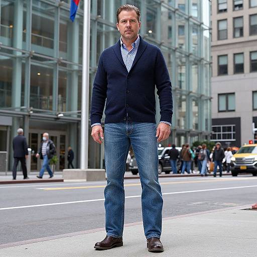Photograph of a serious, middle-aged man with short brown hair in a navy cardigan, blue check shirt, and jeans standing on a city street