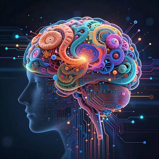 Digital artwork of a neon-colored, intricately detailed human brain with gears, circuits, and glowing orbs against a dark, circuitry-filled background.