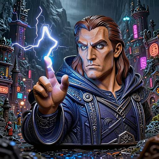 Digital artwork: Muscular, serious man with long brown hair holds glowing lightning bolt in rainy, neon-lit fantasy cityscape, wearing ornate dark