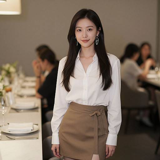 Photograph of an Asian woman with long black hair, wearing a white blouse and brown skirt, standing in a softly lit restaurant with blurred diners in