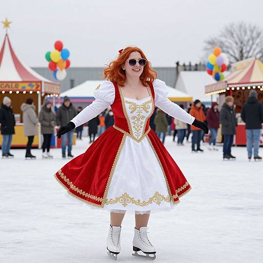 Photograph of a smiling red-haired woman in a white dress with gold trim and red velvet overlay, ice-skating outdoors at a festive winter fair.