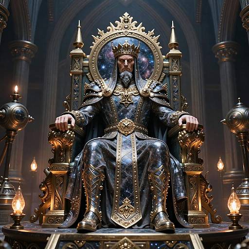Digital artwork of a regal, bearded man with a crown, seated on an ornate, golden throne in a dimly lit, gothic