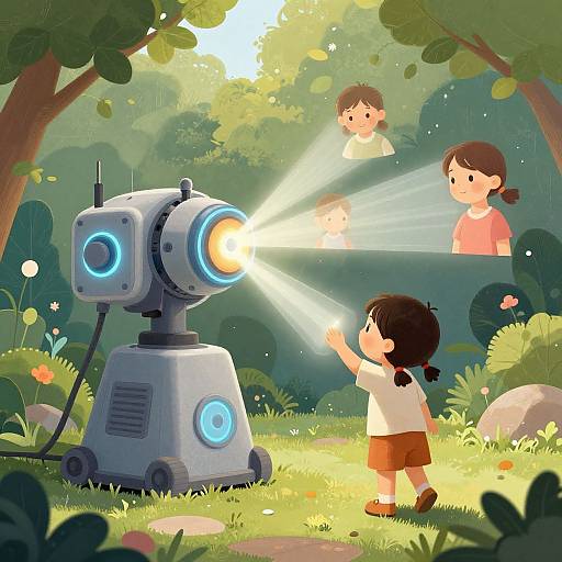 Digital illustration of a robotic projector in a sunny forest, beaming light beams onto four children peeking from behind bushes.