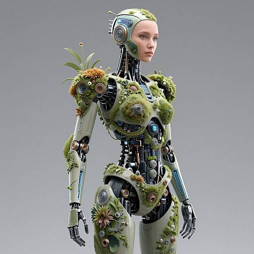Photorealistic CGI of a female humanoid robot adorned with green moss, flowers, and metallic gears, standing against a gray gradient background.