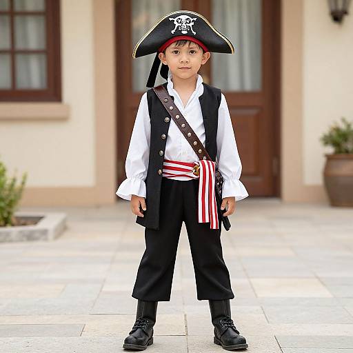 Photograph of a young boy dressed as a pirate, standing on a tiled porch. He wears a black tricorn hat, white shirt, black vest