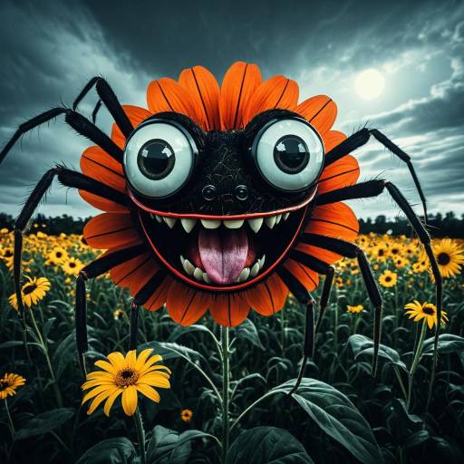 Surreal Giant Flower Spider with Comic Eyes in Field