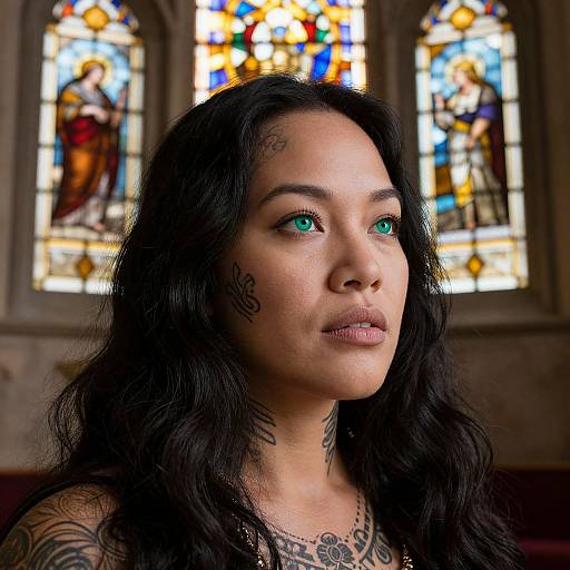 Pacific Islander Woman in Church with Emerald Eyes
