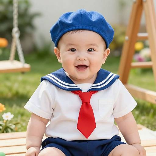 Smiling Infant in Sailor Suit Outdoors