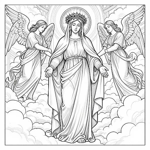 Black-and-white line drawing of a serene Virgin Mary with a halo, surrounded by two angels with detailed wings, floating on clouds.