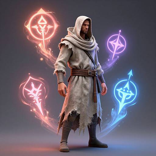 CGI image of a hooded, muscular man in tattered, gray robe with glowing red, blue, and purple magical symbols floating around him.