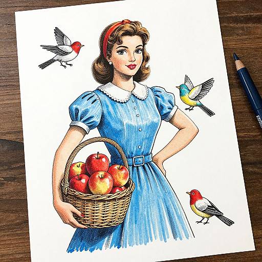 Vintage-style illustration of a smiling woman in a blue dress, holding a basket of apples, with three colorful birds flying around.