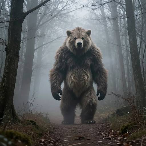 Photograph of a massive, grey-brown grizzly bear standing on a foggy forest path, surrounded by tall, barren trees.