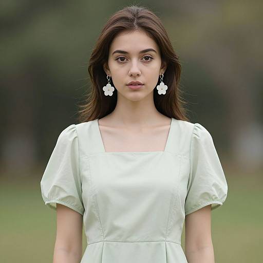 Photograph of a young woman with long dark brown hair, wearing a light green dress and white flower earrings, standing in a blurred green outdoor background.