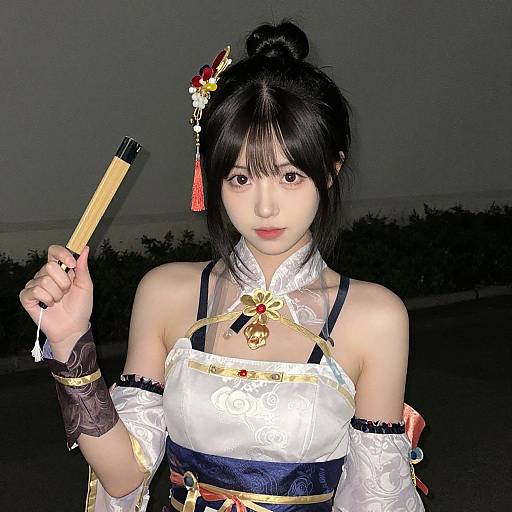 Photograph of an Asian woman cosplaying as a traditional Chinese warrior, holding a wooden fan, wearing a white and gold kimono with black and red