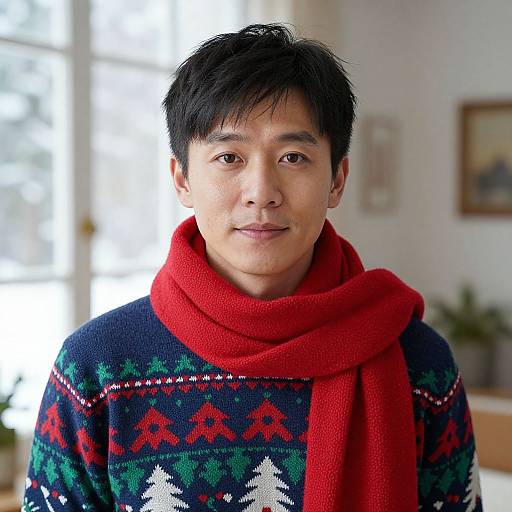 Photograph of an Asian man with short black hair, wearing a red scarf and a colorful knit sweater, standing in a bright, warmly-lit room