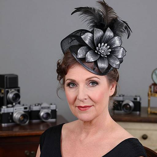 Photograph of a fair-skinned woman with red lipstick, wearing a black floral headpiece with a feather, black dress, and vintage cameras in the