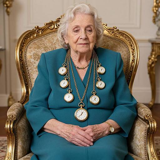 Photograph of elderly white woman with short white hair, wearing turquoise suit, large clock necklace, gold chair, elegant room.
