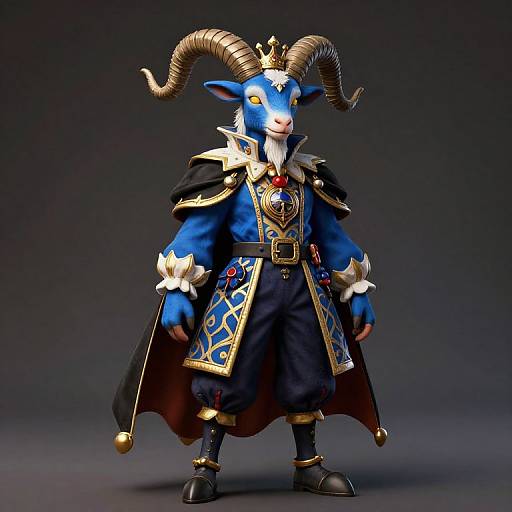Digital CGI of a blue anthropomorphic goat with large horns, wearing ornate royal attire, including a crown, black cape, and gold-trimmed