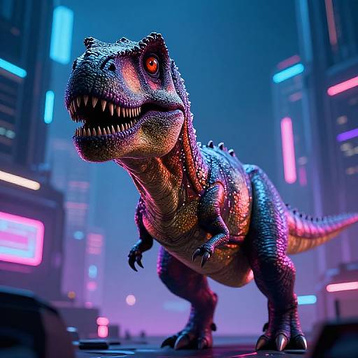 CGI image of a neon-lit, blue-scaled, roaring velociraptor in a futuristic cityscape with colorful neon signs and towering buildings.