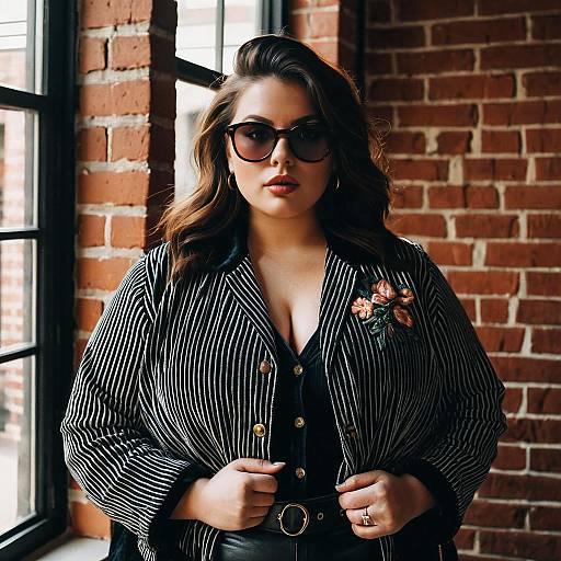 Curvy Woman in Striped Shirt and Velvet Kimono Jacket