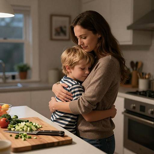 Mother Hugging Son in Dim Kitchen