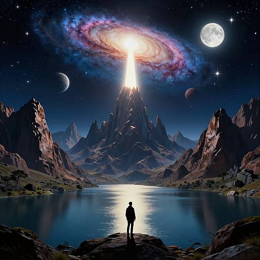 Digital artwork: Silhouetted figure stands on rocky shore, gazing at glowing mountain peak, with spiral galaxy, moon, and stars above.
