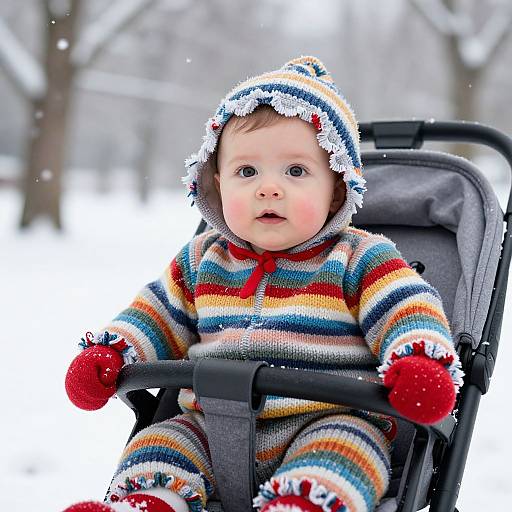 Photograph of a wide-eyed, fair-skinned baby in a colorful striped winter outfit with red mittens and snowflake-trimmed hat, seated