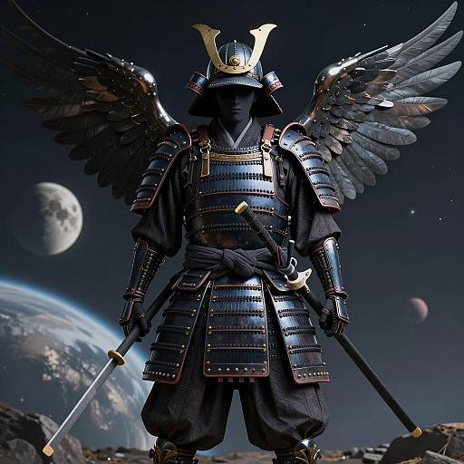 Gloomy Cyberpunk Samurai with Metal Wings