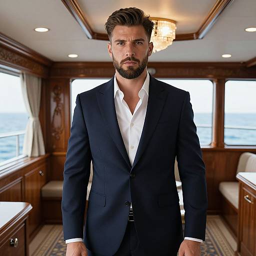 Photograph of a handsome, bearded man with dark brown hair, wearing a black suit and white shirt, standing in a luxurious wooden-paneled yacht