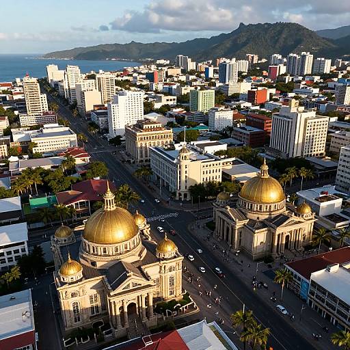 Aerial photograph of a cityscape featuring golden-domed churches amidst modern high-rises, palm trees, and mountains in the background.