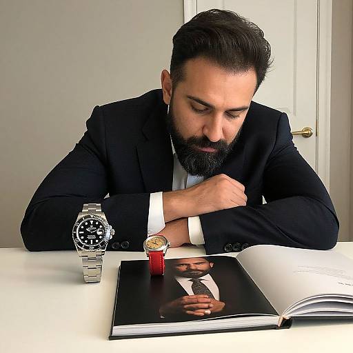 Man Displaying Luxury Watches and Book