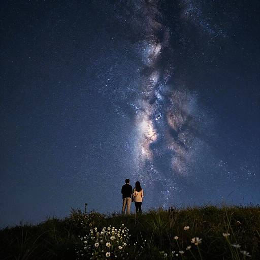 Photograph of a couple standing on a hill at night, gazing at a dazzling Milky Way galaxy above, surrounded by dark grass and white flowers.
