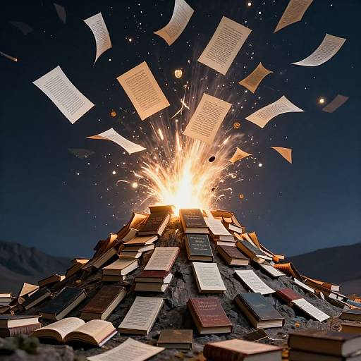 Photograph of a mountain of books exploding, with papers flying upward, bright orange sparks, and a dark night sky background.