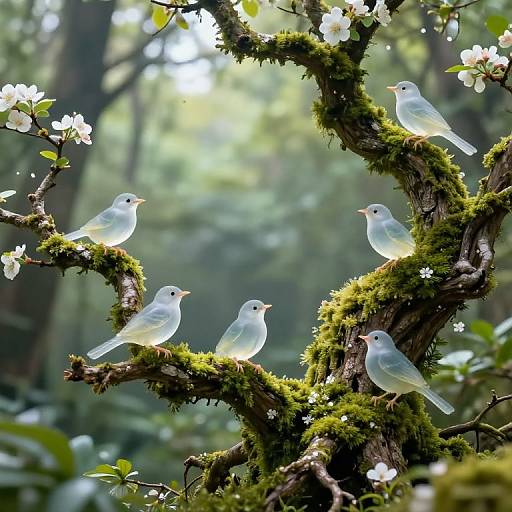 Photograph of five translucent white birds perched on a moss-covered, twisted tree branch adorned with white blossoms in a sunlit forest.