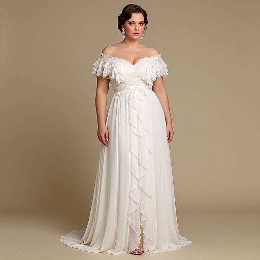 Photograph of a fair-skinned woman with dark hair in an off-shoulder, white, lace-trimmed, A-line wedding gown,