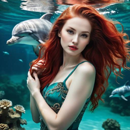 Red-haired Woman Underwater with Dolphins
