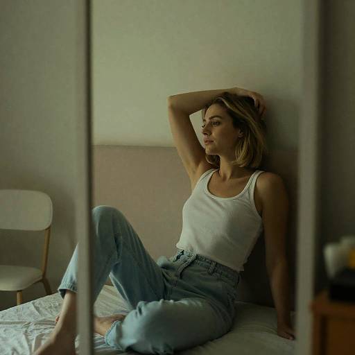 Casual Woman Relaxing by Glass Door