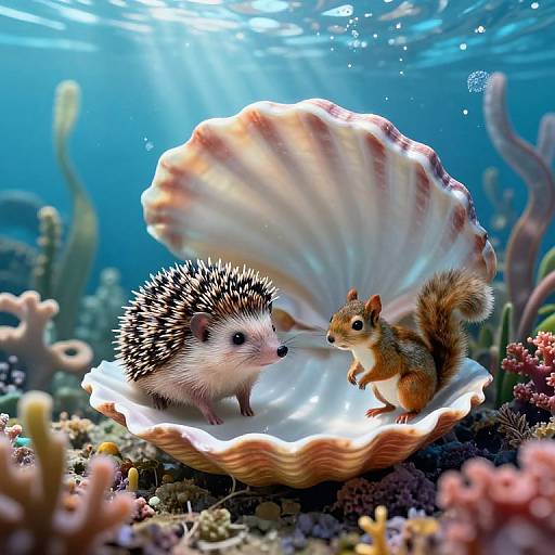 Photorealistic underwater scene: Hedgehog and squirrel on a large, pink-and-white scallop shell, surrounded by colorful coral and seaweed, with
