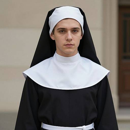 Photograph of a young woman with fair skin, brown eyes, and straight brown hair, wearing a traditional black and white nun's habit, standing in