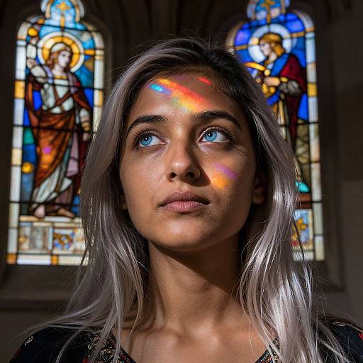 Photograph of a young woman with silver hair, blue eyes, and light skin, standing in front of colorful stained glass windows, with multicolored