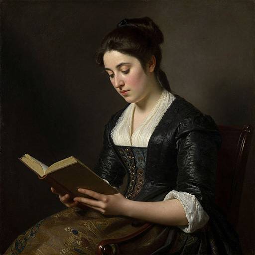 Classical oil painting of a fair-skinned woman with dark hair in an 18th-century black dress, reading an open book against a dark background