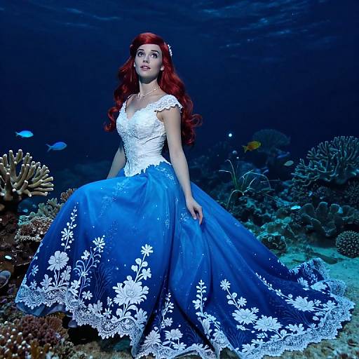 Underwater photograph of a red-haired woman in a white lace bodice and blue floral-embellished ball gown, surrounded by coral and small fish