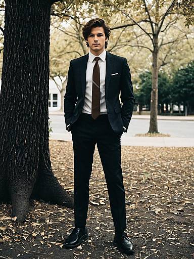 Young Man in Stylish Black Suit Outdoors