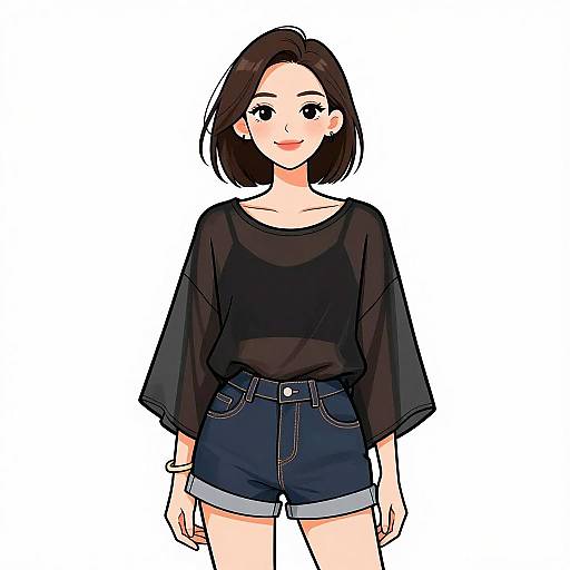 Digital anime-style drawing of a cute young woman with short black hair, wearing a black sheer long-sleeve top and high-waisted denim shorts