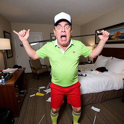 Photograph of a shocked man in a green polo, red shorts, and white cap, standing in a messy hotel room, arms raised with fingers pointing