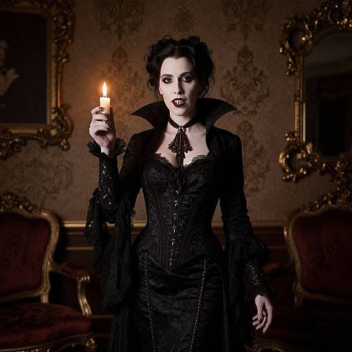 Gothic woman in black lace dress, high collar, holding lit candle, dark ornate room, Victorian furniture, eerie, dramatic lighting. Photograph