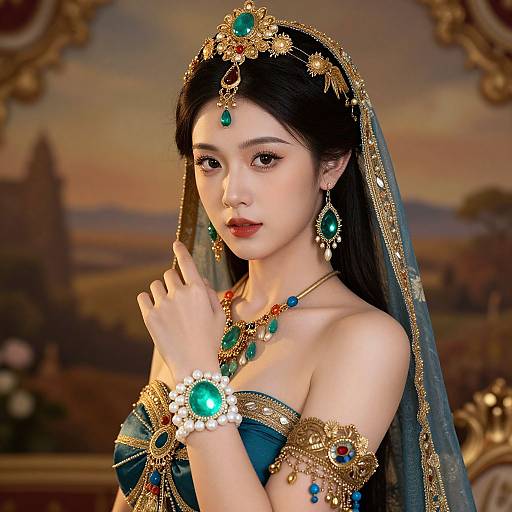Digital art of an elegant Asian woman in traditional Indian attire, adorned with green and gold jewelry, veil, and intricate headpiece.