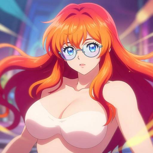 Digital anime-style artwork of a topless, large-breasted woman with bright red hair, blue eyes, and glasses, in a vibrant, neon-l
