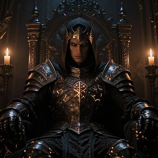 Dark, gothic fantasy image of a stern, armored female warrior with a crown, seated on a spiked throne, flanked by lit candles.